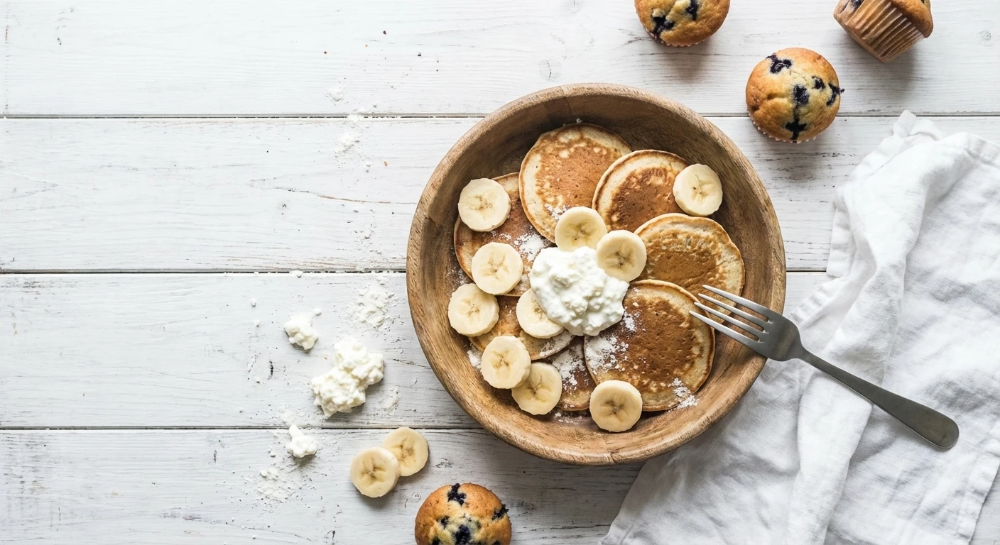 American pancakes met banaan, muffins met blauwe bessen en platte kaas