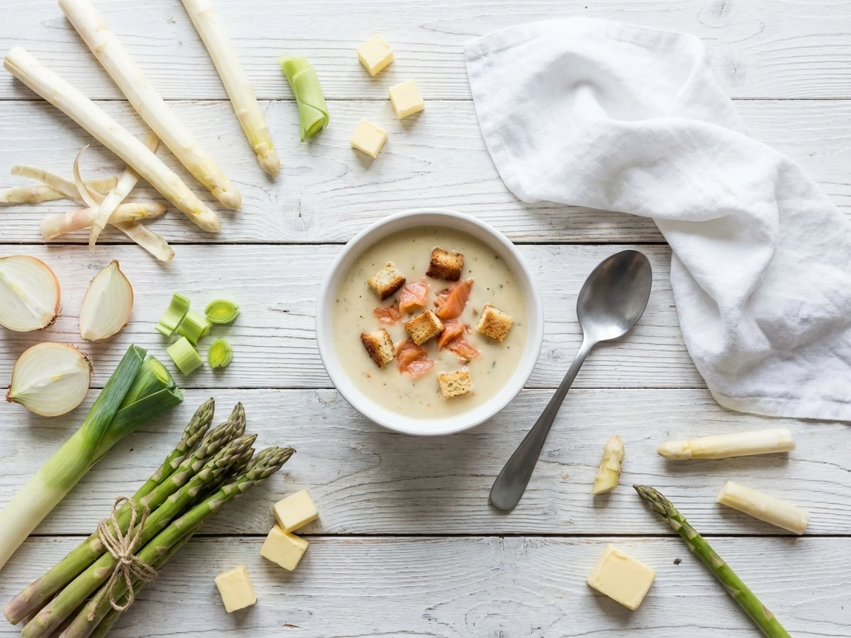 Aspergesoep met croutons en gerookte zalm