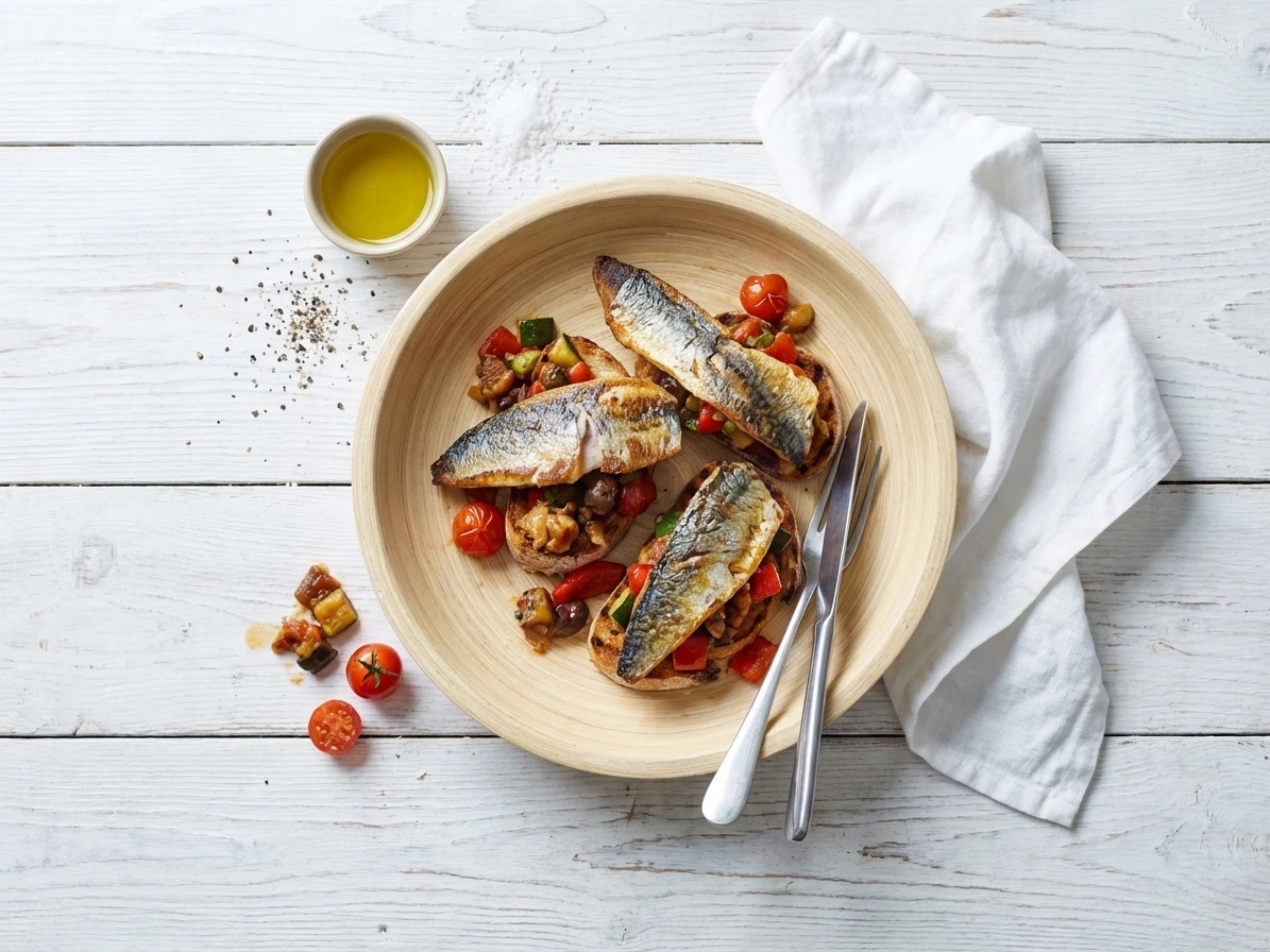 Bruschetta met caponata en gebakken makreel