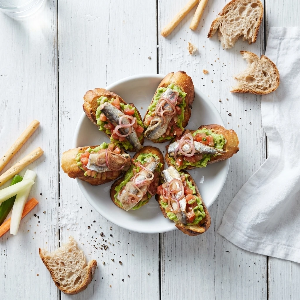 Bruschetta met guacamole, gerookte sprot en tomatensalsa