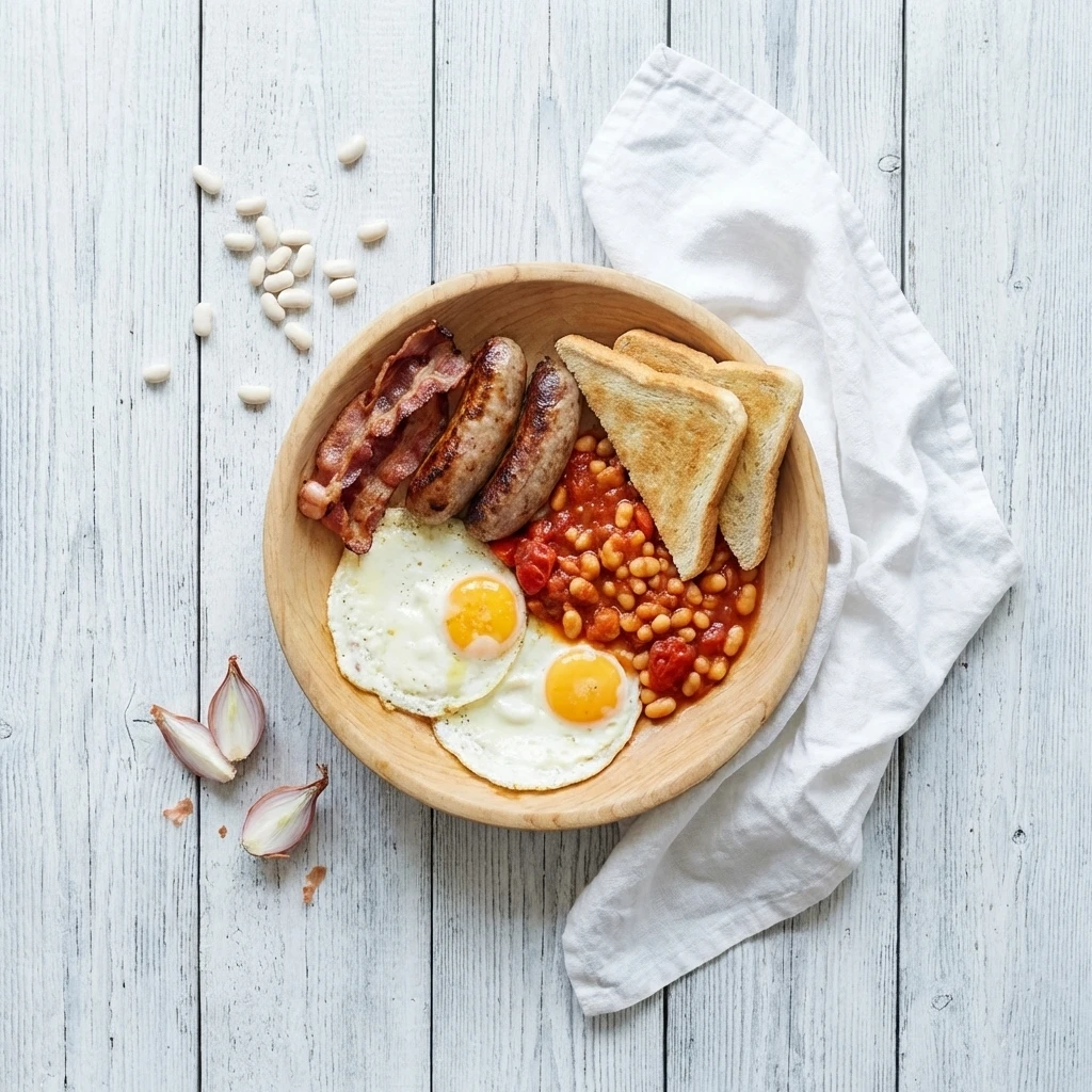Een Engels ontbijt: Baked beans  met spek, worstjes, ei en toast