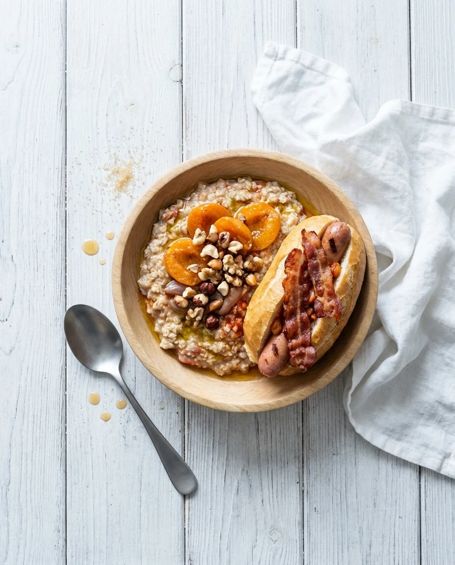 English breakfast dog en havermoutpap met abrikoos en noten
