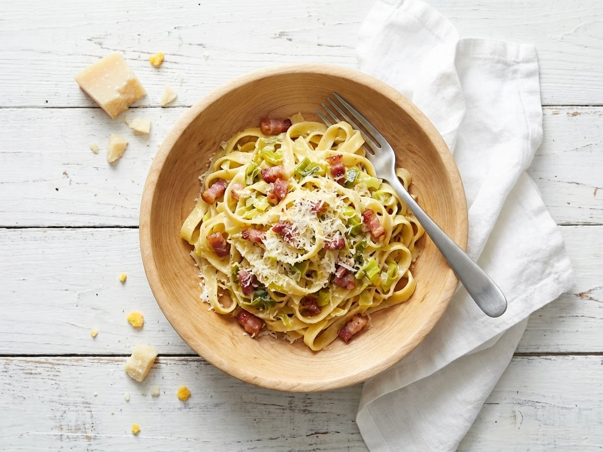 Fettuccine met prei en pancetta