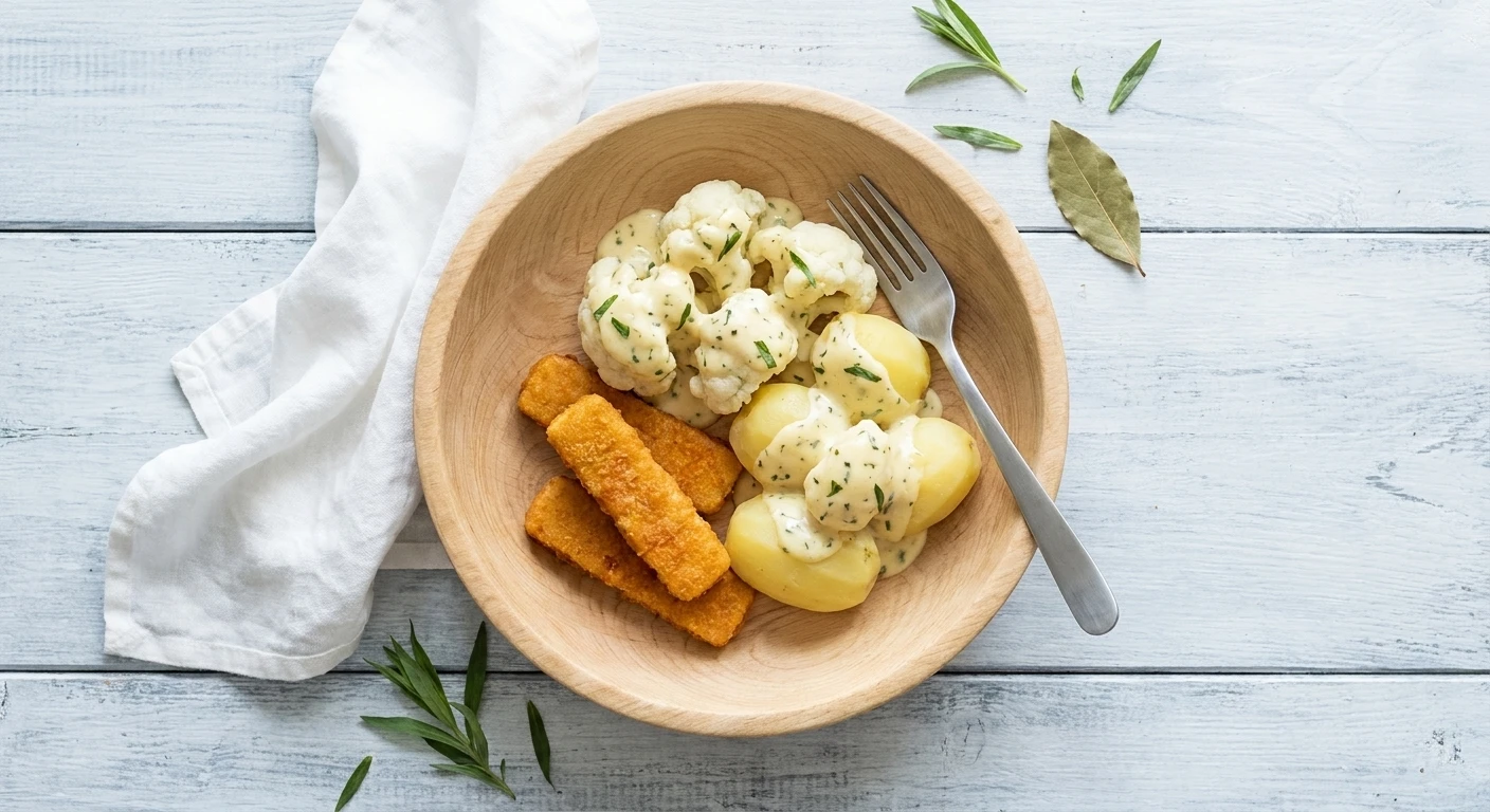 Fish sticks van schelvis met bloemkool, gekookte aardappelen en béarnaise