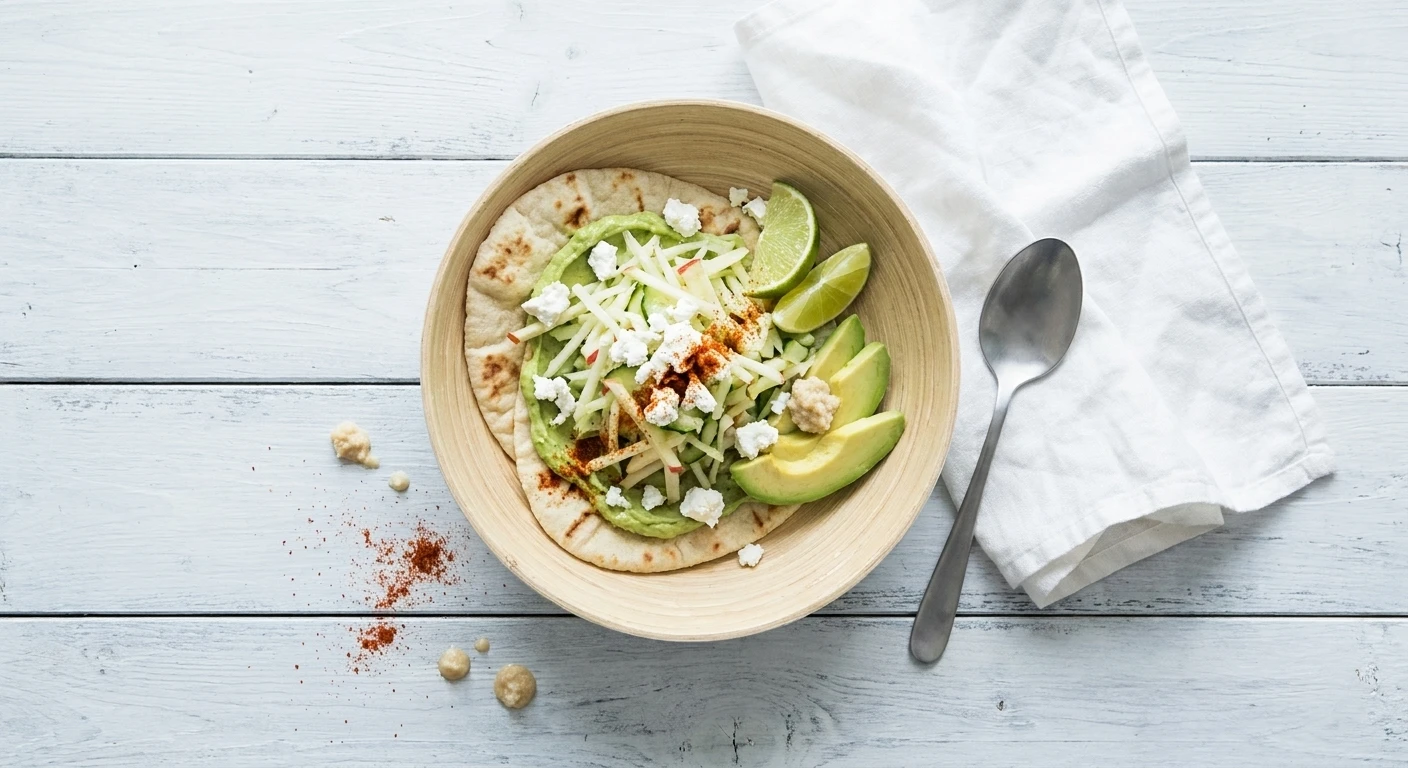 Flatbread met avocadocrème en salade van koolrabi, appel en komkommer