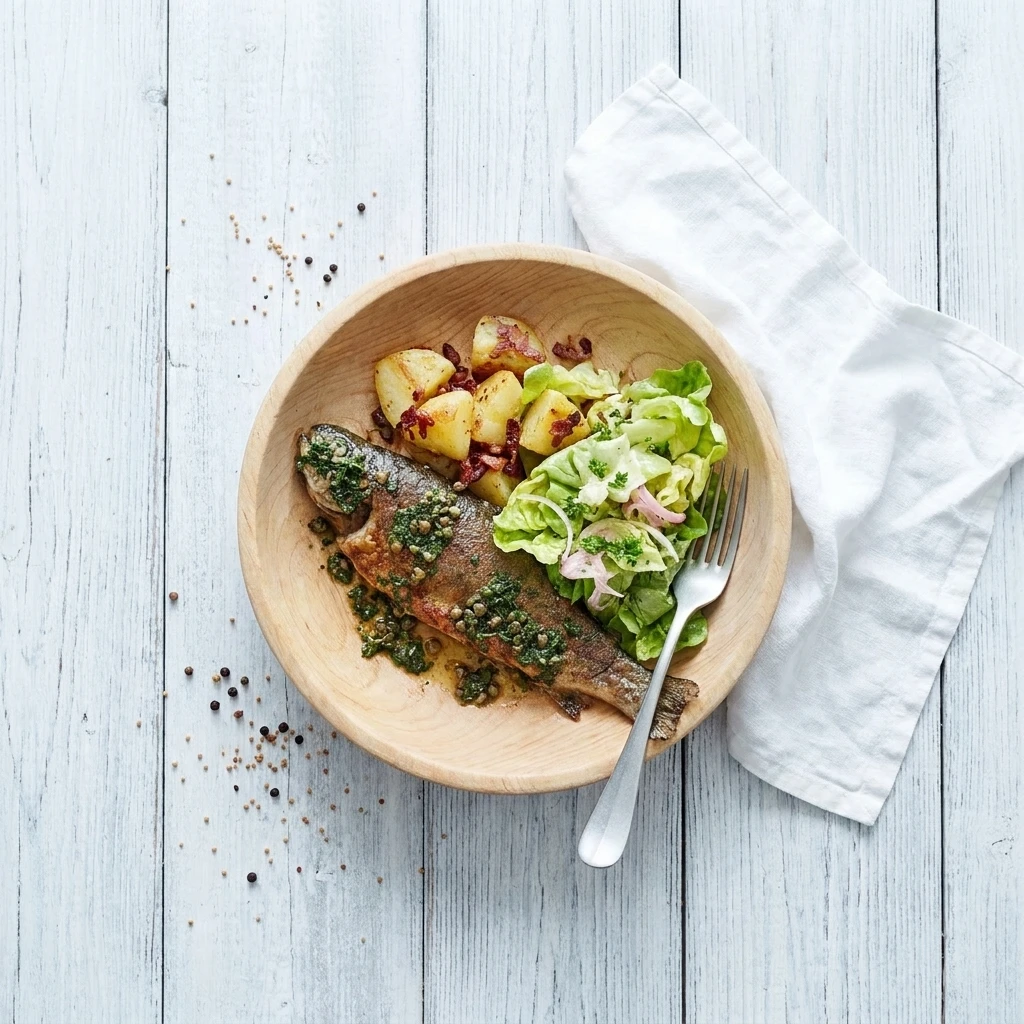 Forel Meunière, gebakken aardappel met spekjes en kropsla