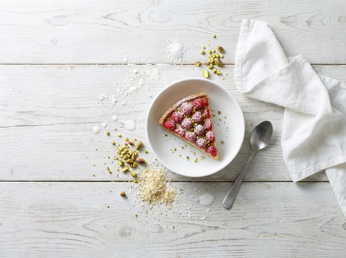 Frambozentaart met limoenpudding en pistachenootjes