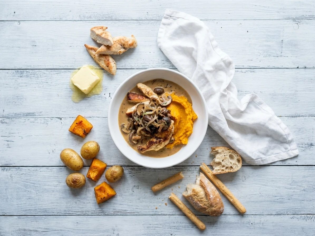Gebakken kip met champignonroomsaus en pompoenpuree
