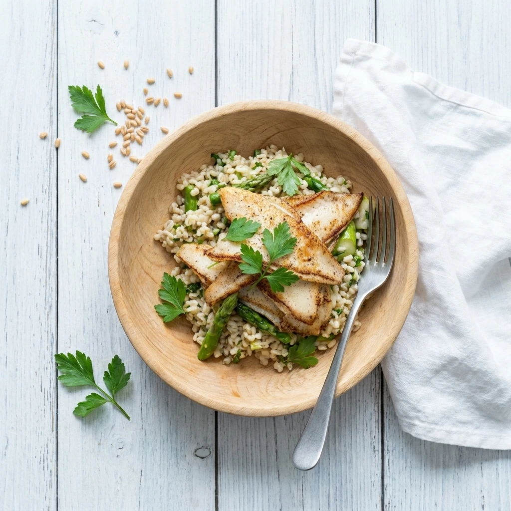 Gebakken pladijs en tarwerisotto met groene asperges