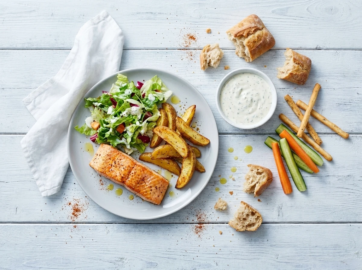 Gebakken zalm met aardappelwedges en ranch dressing