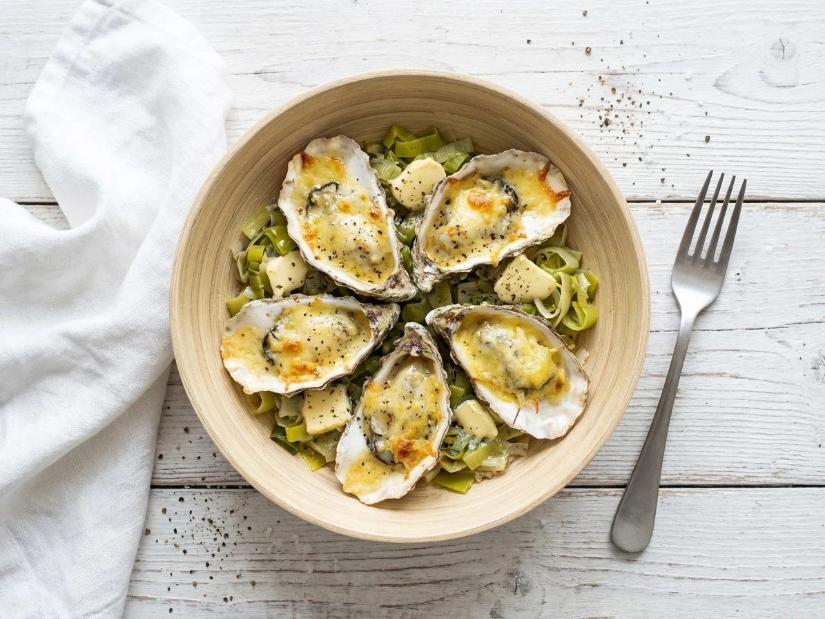 Gegratineerde oesters met gestoofde prei