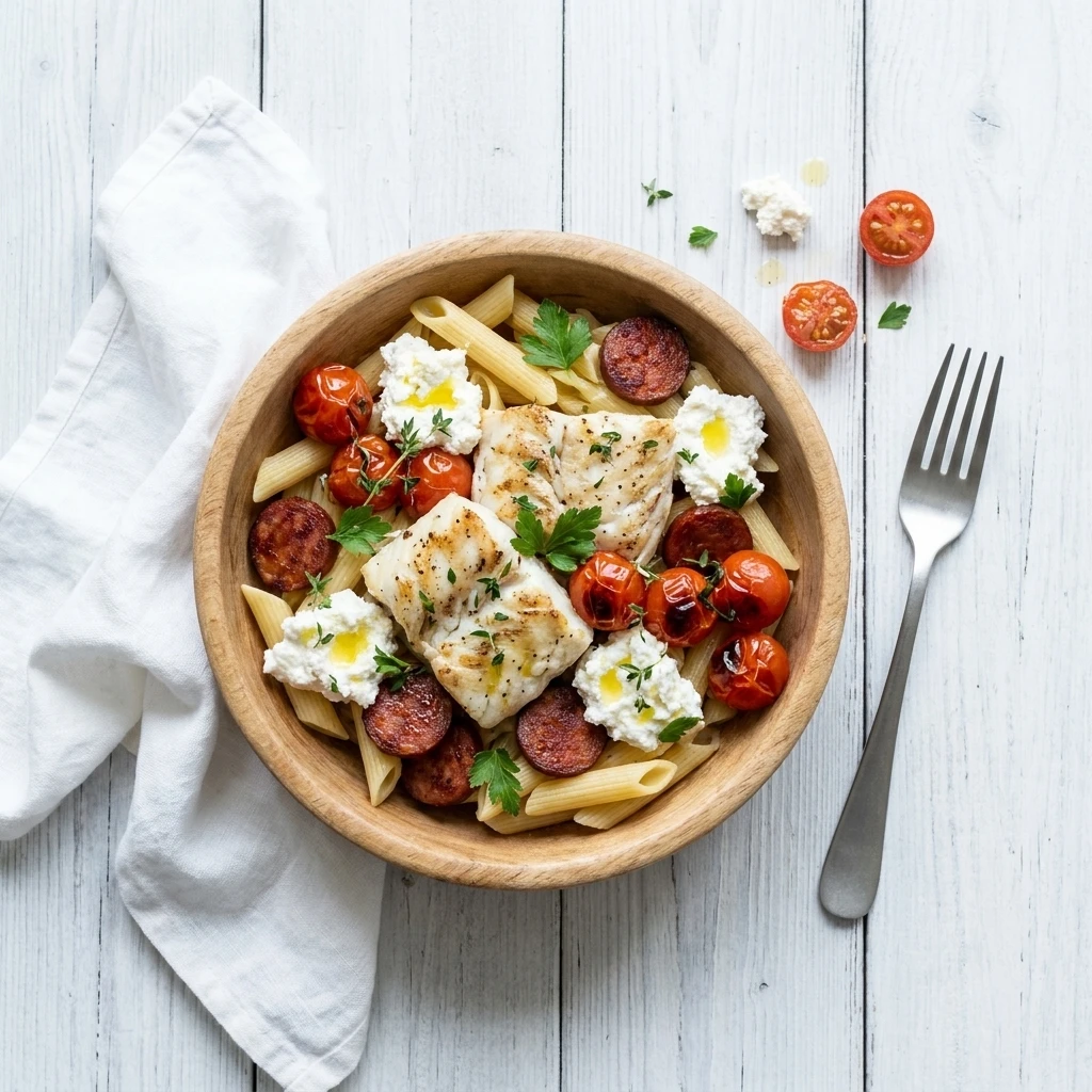Gegrilde zeeduivel met penne, chorizo en ricotta
