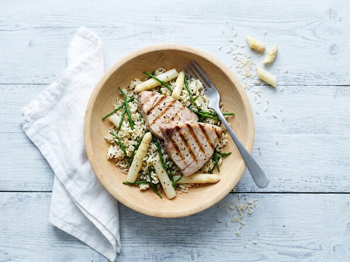 Gegrilde zwaardvis met een asperge-rijstsalade