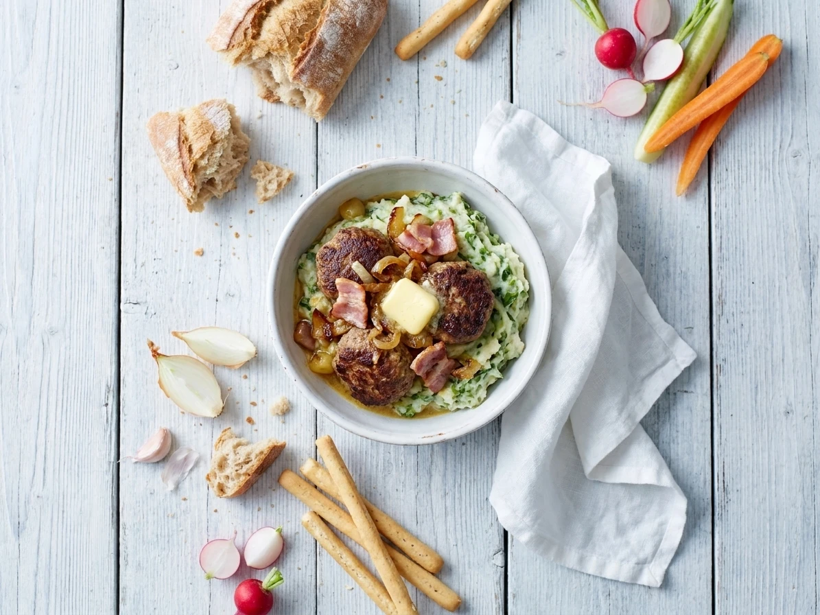 Gehaktballetjes met andijviestamppot en picklessaus