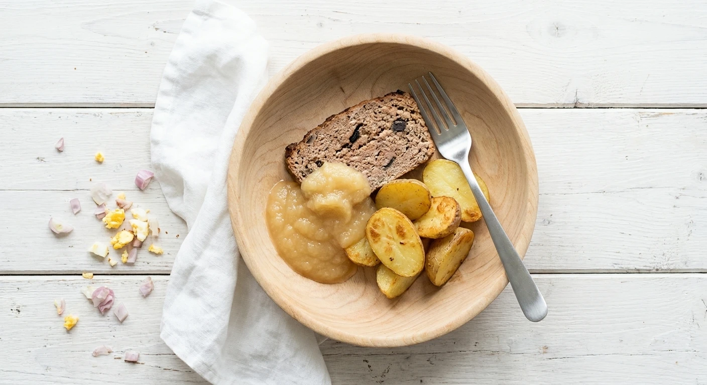 Gehaktbrood met zwarte pens, appelmoes en gebakken aardappelen