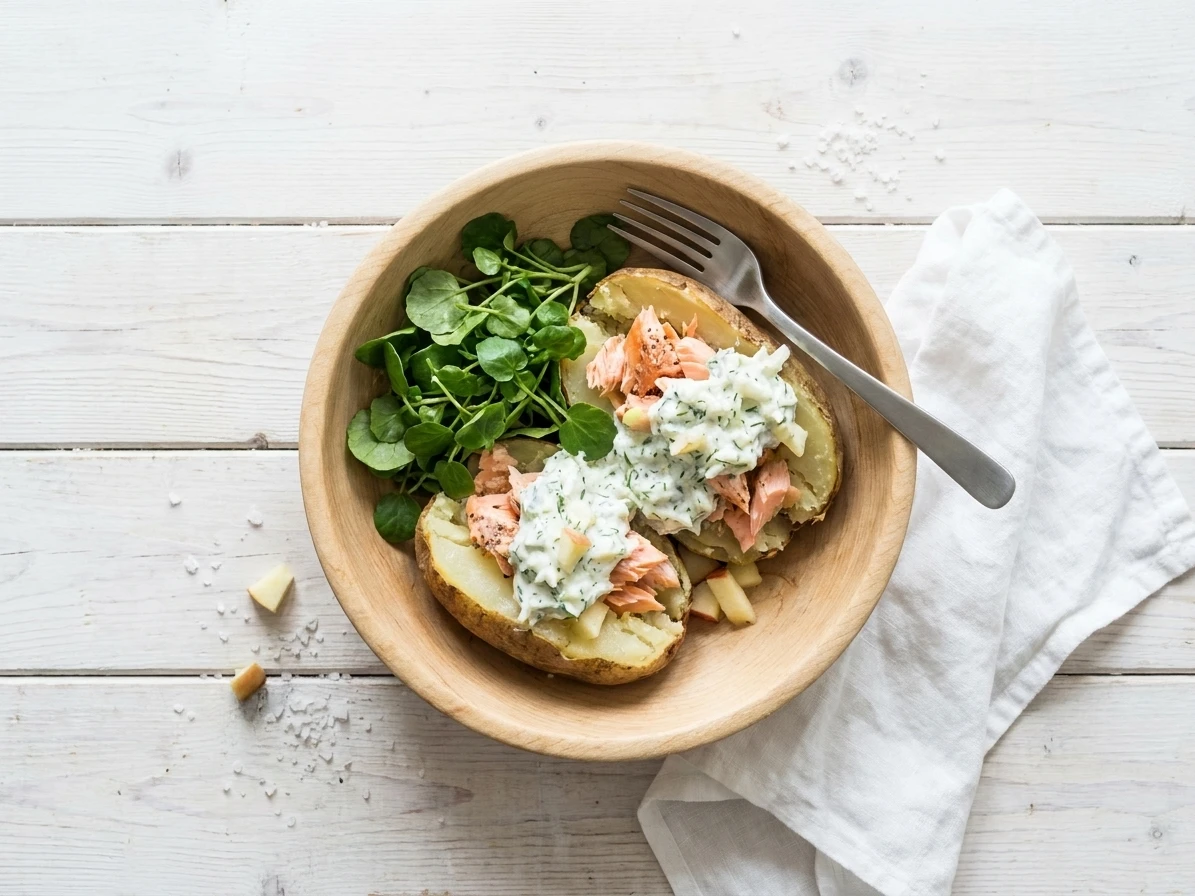 Gepofte aardappel met appeltsatziki en zalm