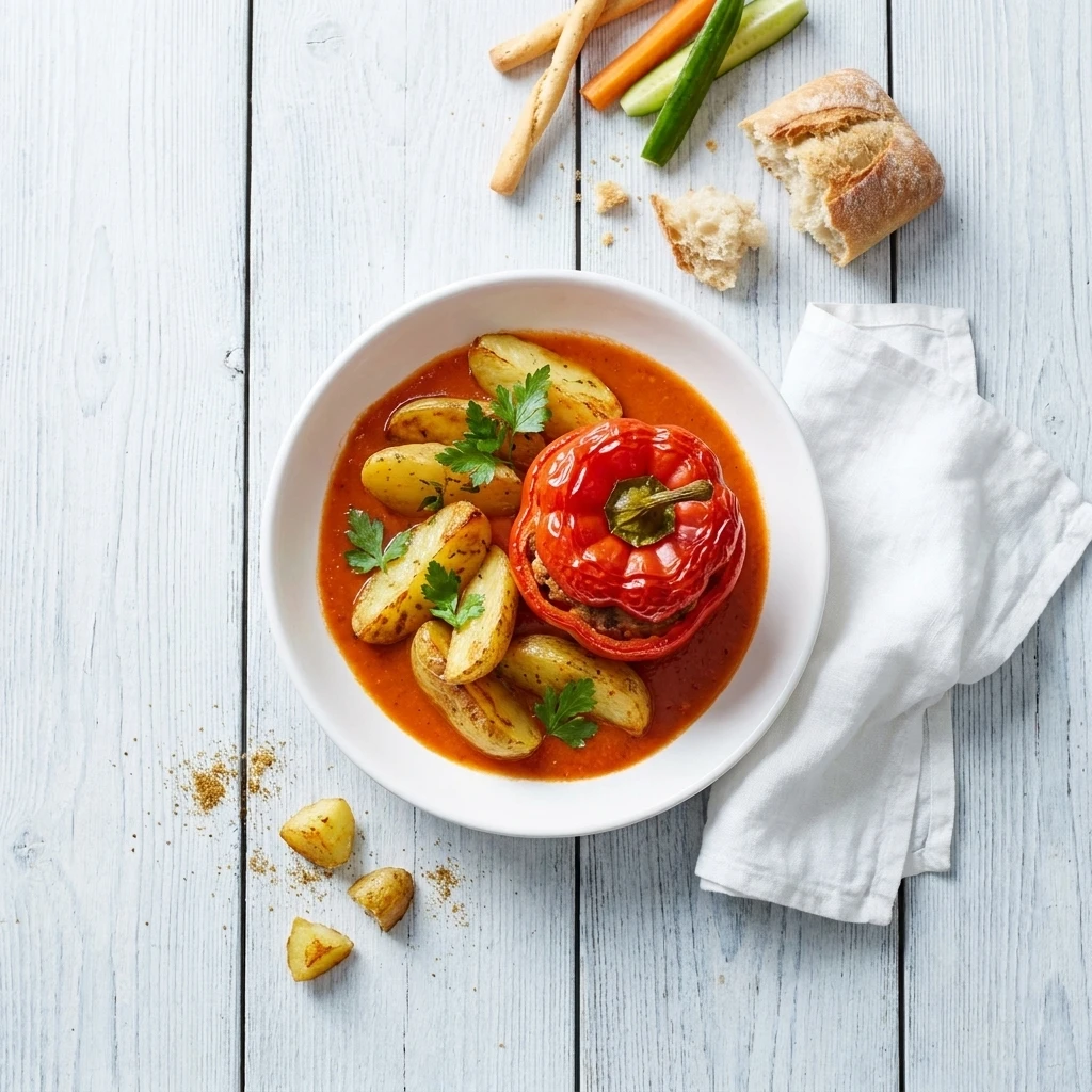 Gevulde paprika's in tomatensaus met gebakken aardappelen