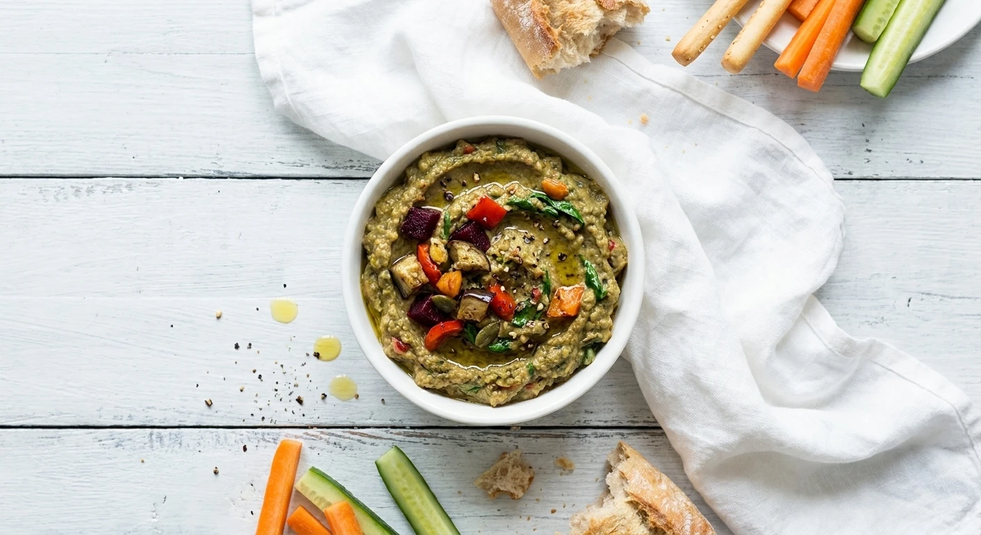 Groentedip en opgevulde rolletjes van aubergine en puntpaprika