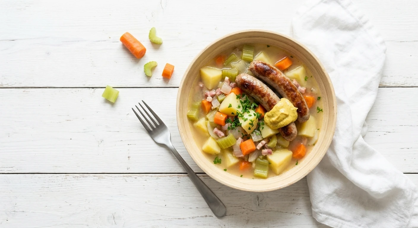 Groentehutsepot met worst en pickles