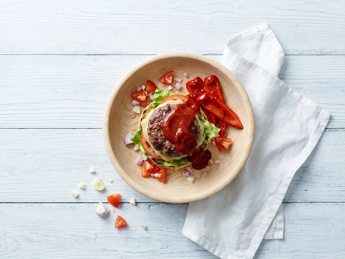 Hamburger met ketchup van zoete paprika’s