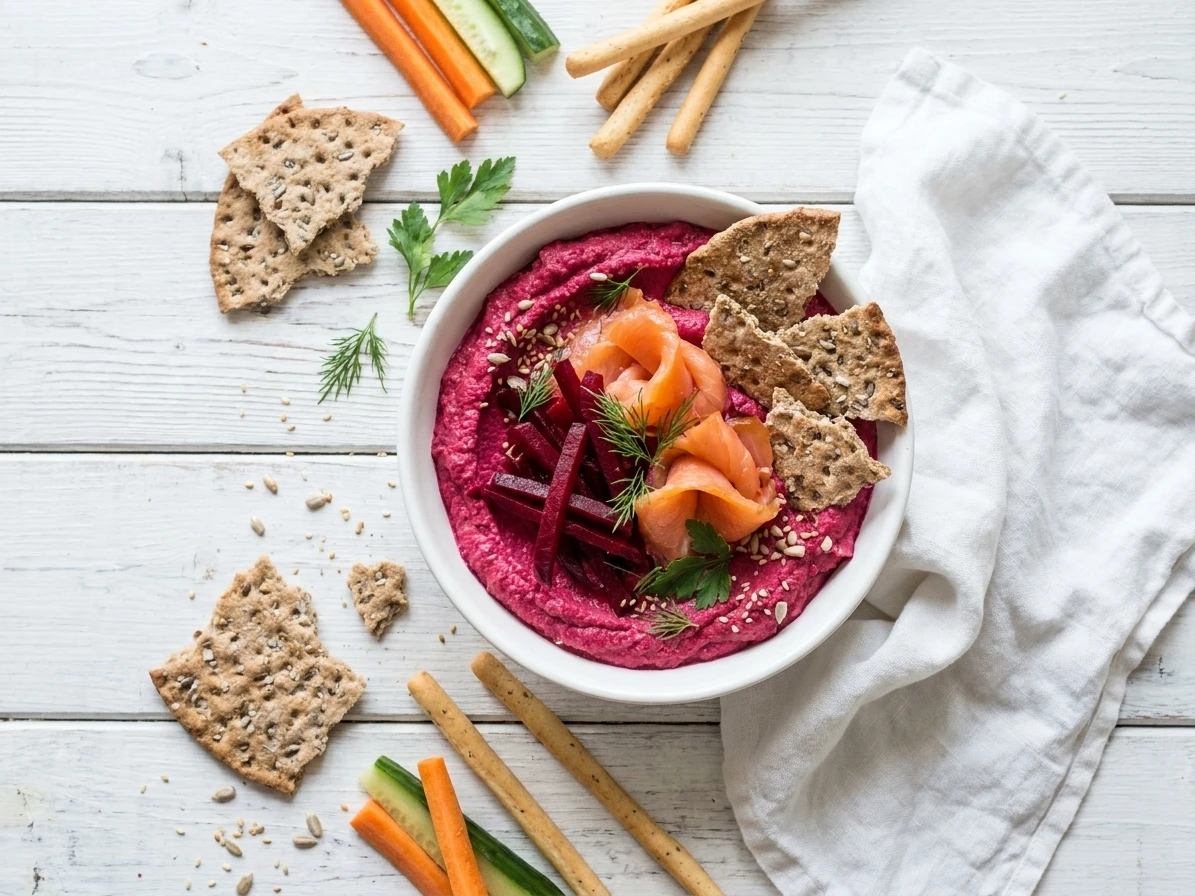 Hummus van rode biet met gerookte zalm en knäckebröd