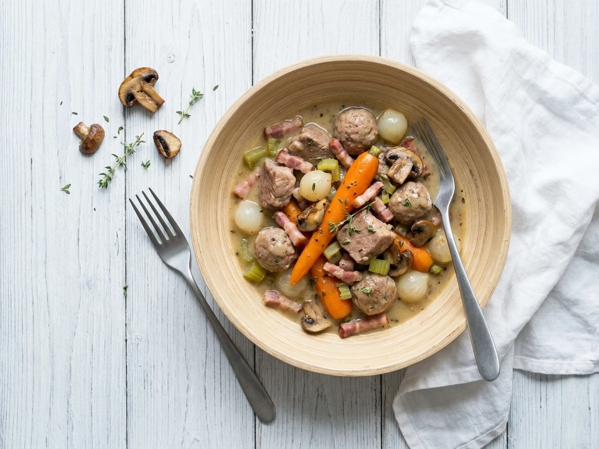 Kalfsfricassee met puree en wortelen