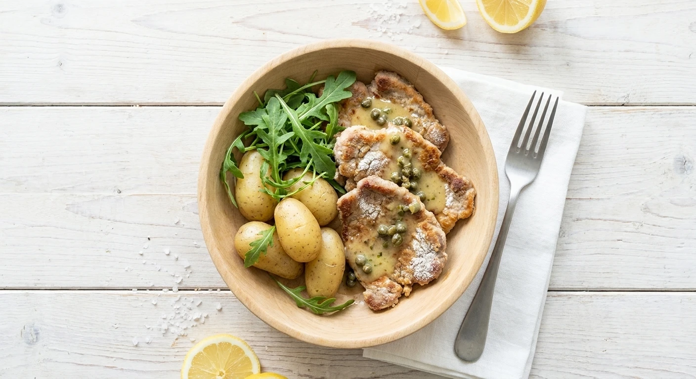 Kalfspiccata met ratte-aardappelen en een rucolaslaatje