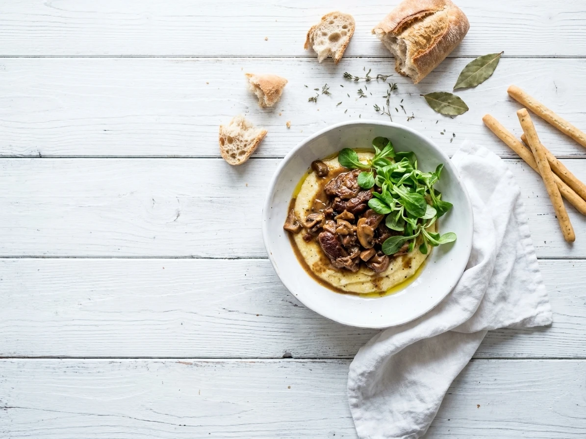 Kalfsschenkel met champignonsaus en truffelpolenta met veldsla
