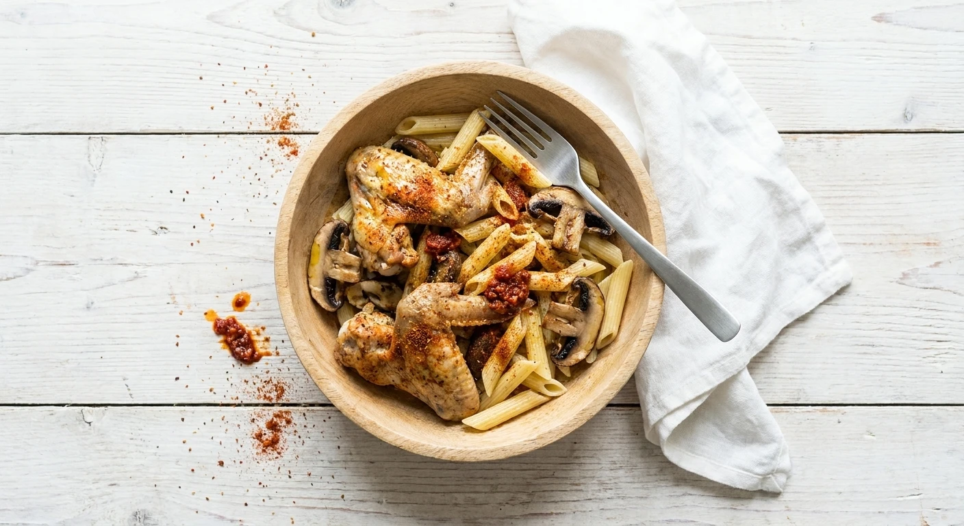 Kippenvleugels met penne en portobello's