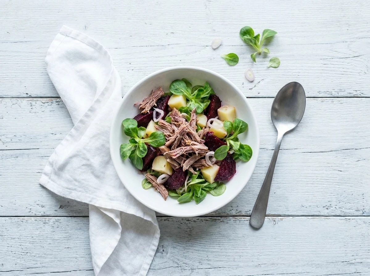 Koude salade van soepvlees, rode biet en aardappelen
