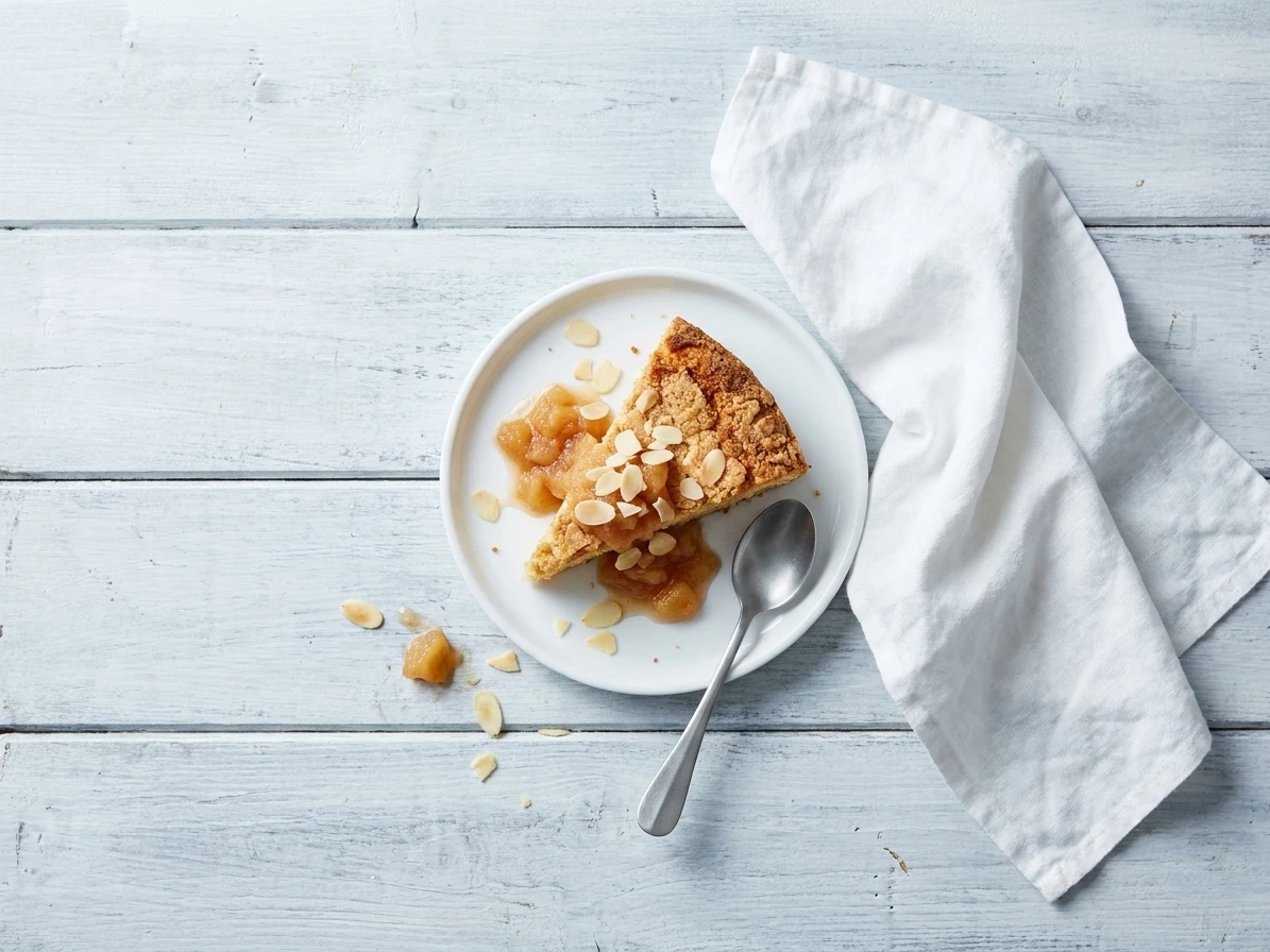 Kruimeldeeg met cakebeslag,  appelcompote en amandel