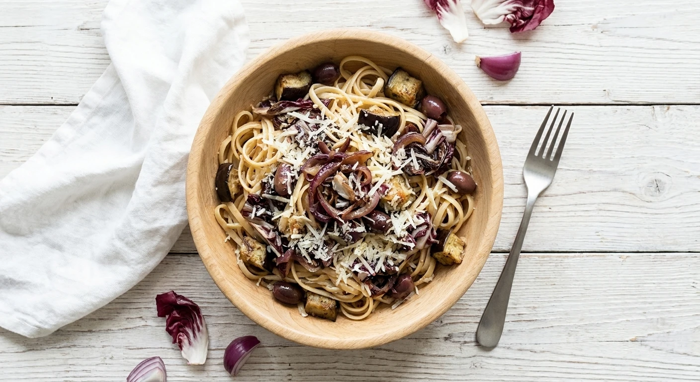 Linguini met aubergine en radicchio