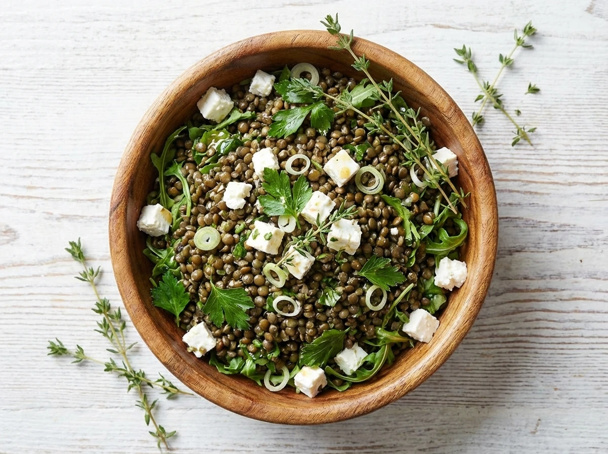 Linzensla met verse kruiden, feta en een zoetzure dressing