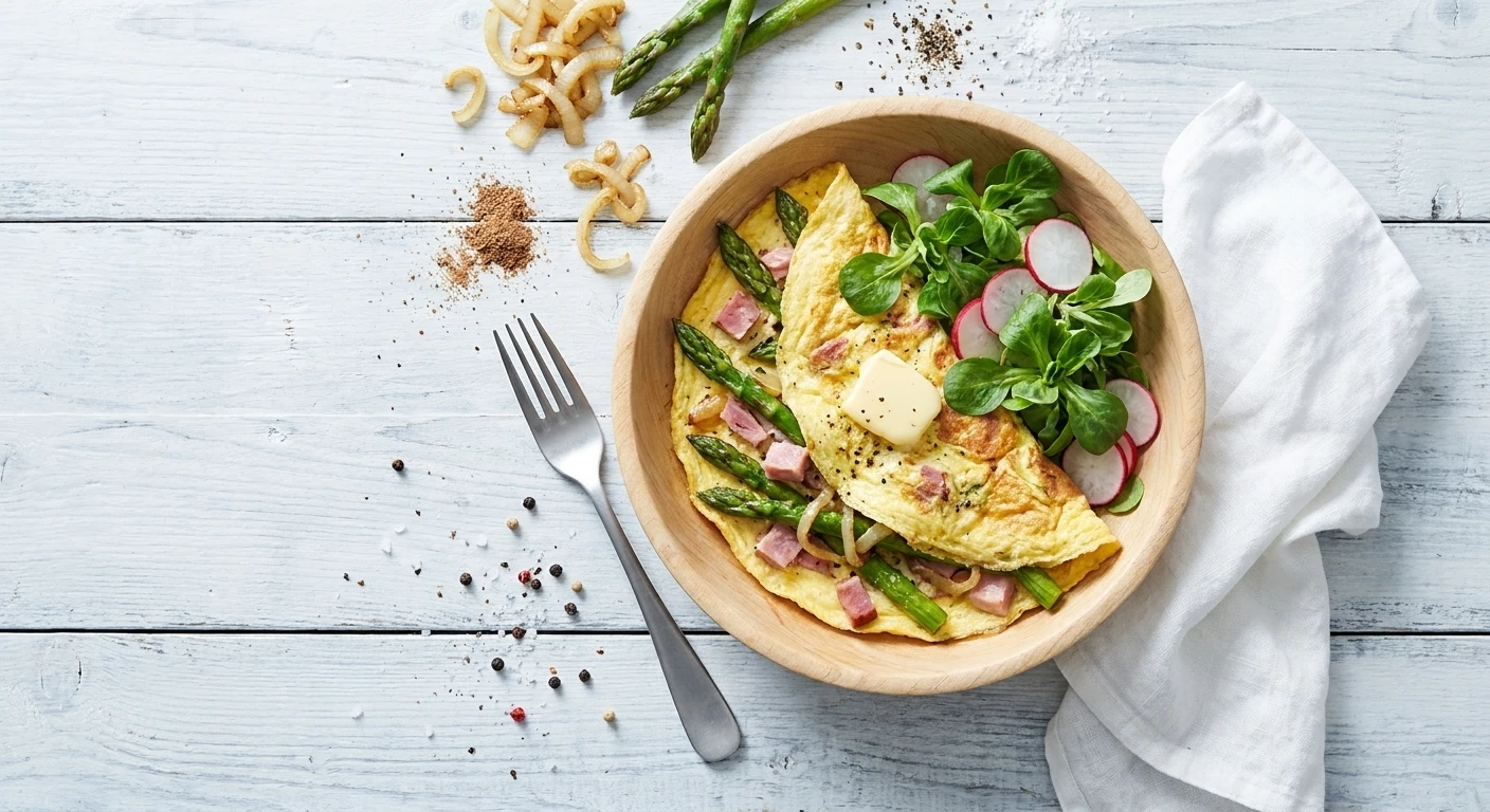 Omelet met asperges en gerookte ham, tuinkers, radijsjes en veldsla