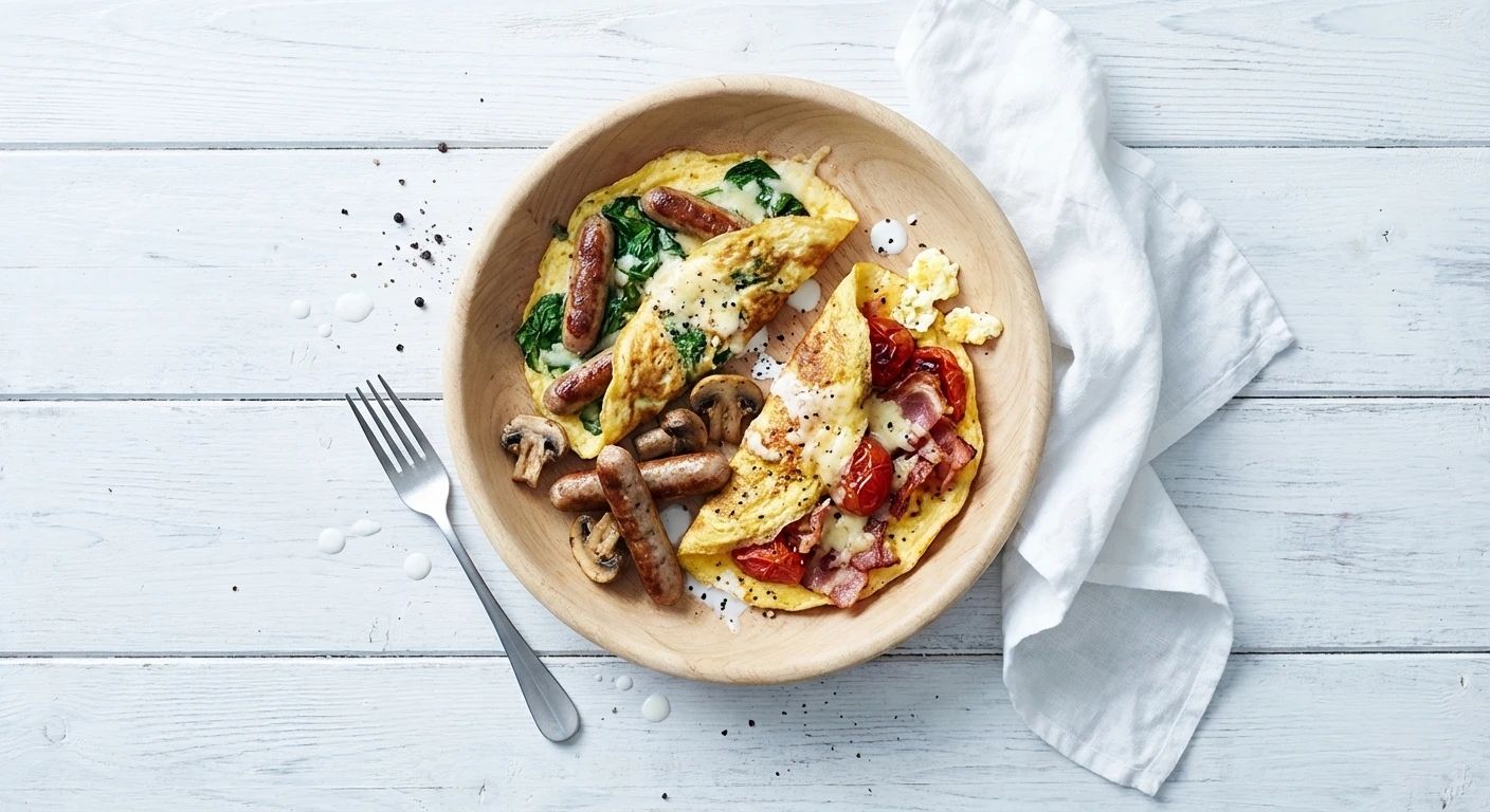 Omelet met worstjes, spinazie en kaas & omelet met tomaat, spek en kaas