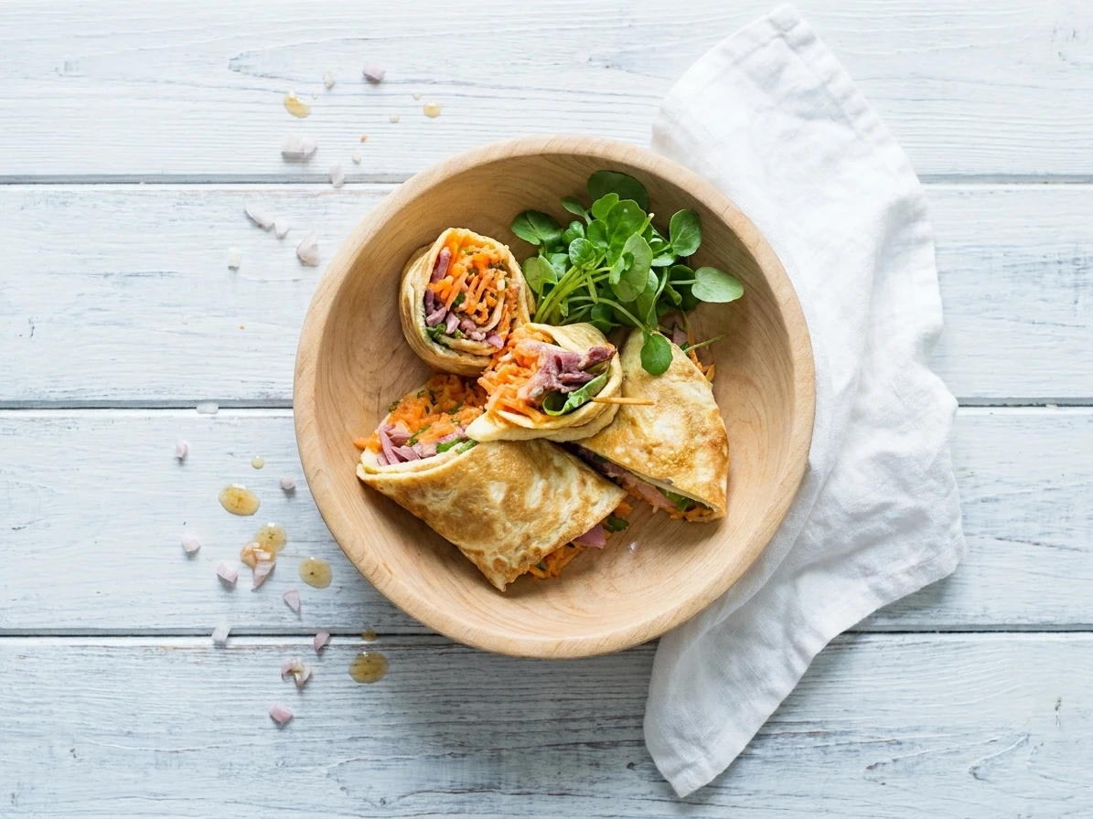 Omeletwrap met wortelsalade en gerookte eend
