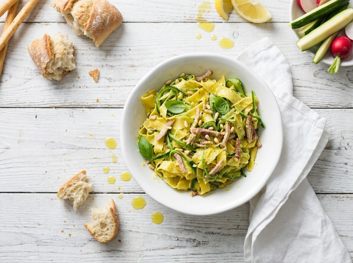 Pappardelle met ham en courgettenpesto