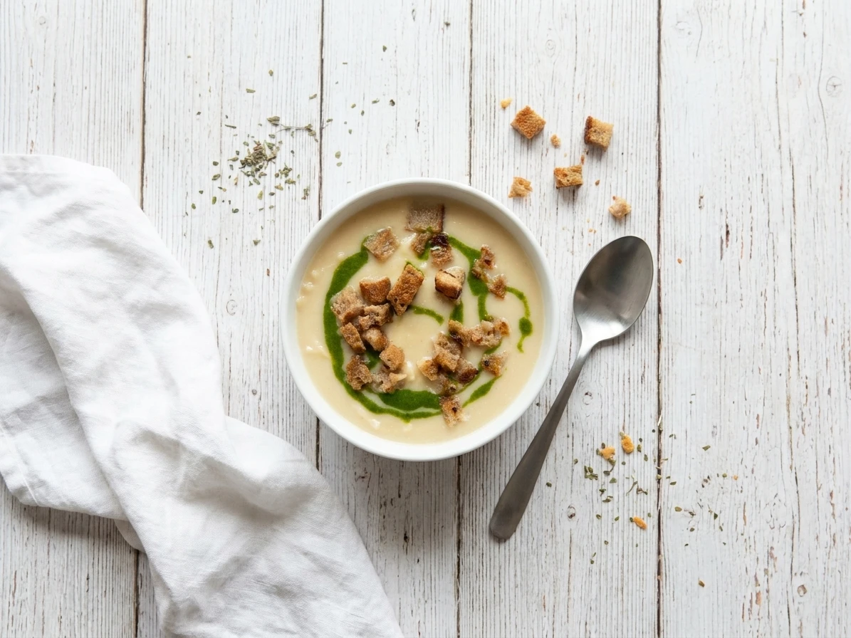 Pastinaaksoep met lavasolie en broodcroutons
