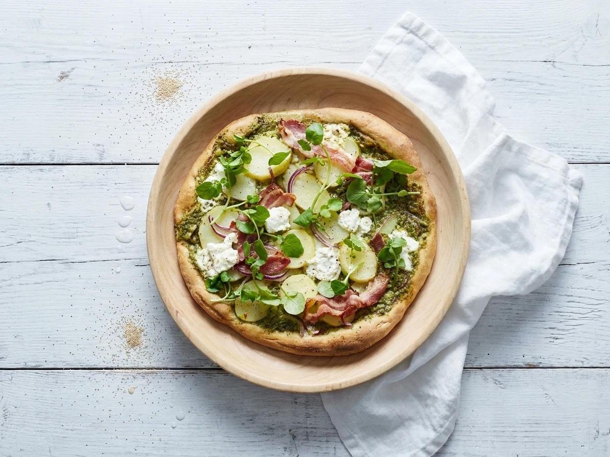 Pizza met aardappel, ui, pancetta en verse geitenkaas