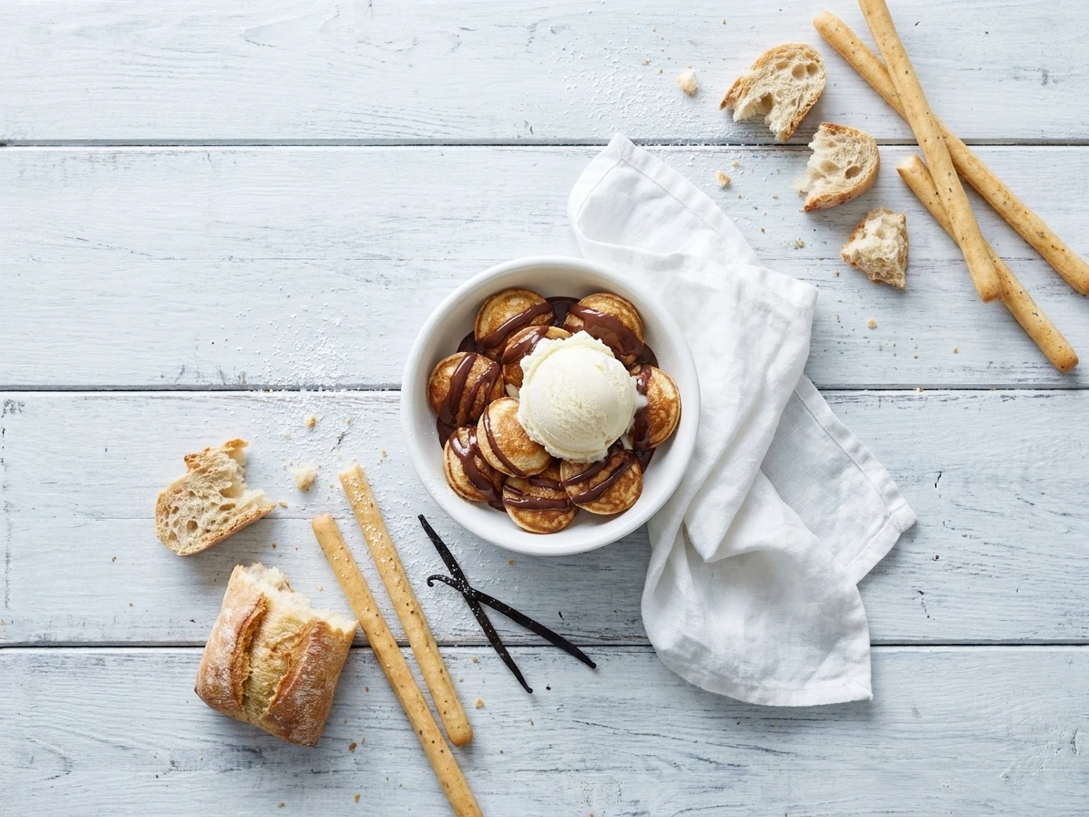 Poffertjes met chocoladesaus en vanille-ijs