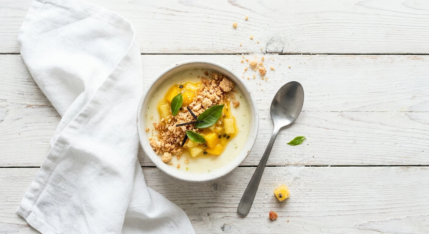 Pudding van limoen met compote van exotisch fruit en kokoscrumble