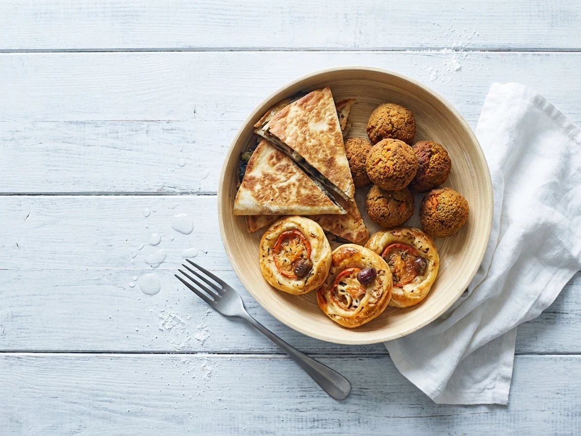 Quesadilla met portobello, wortelfalafel en vegetarische pissaladière