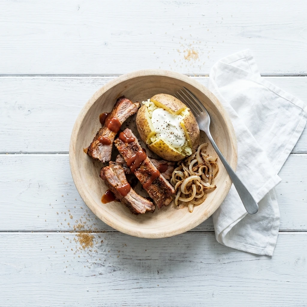 Ribbetjes met gepofte aardappel, gebakken ui en bierketchup