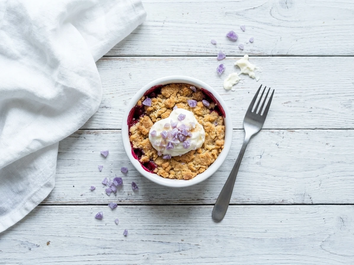 Rode vruchten met crumble en violetsnoep
