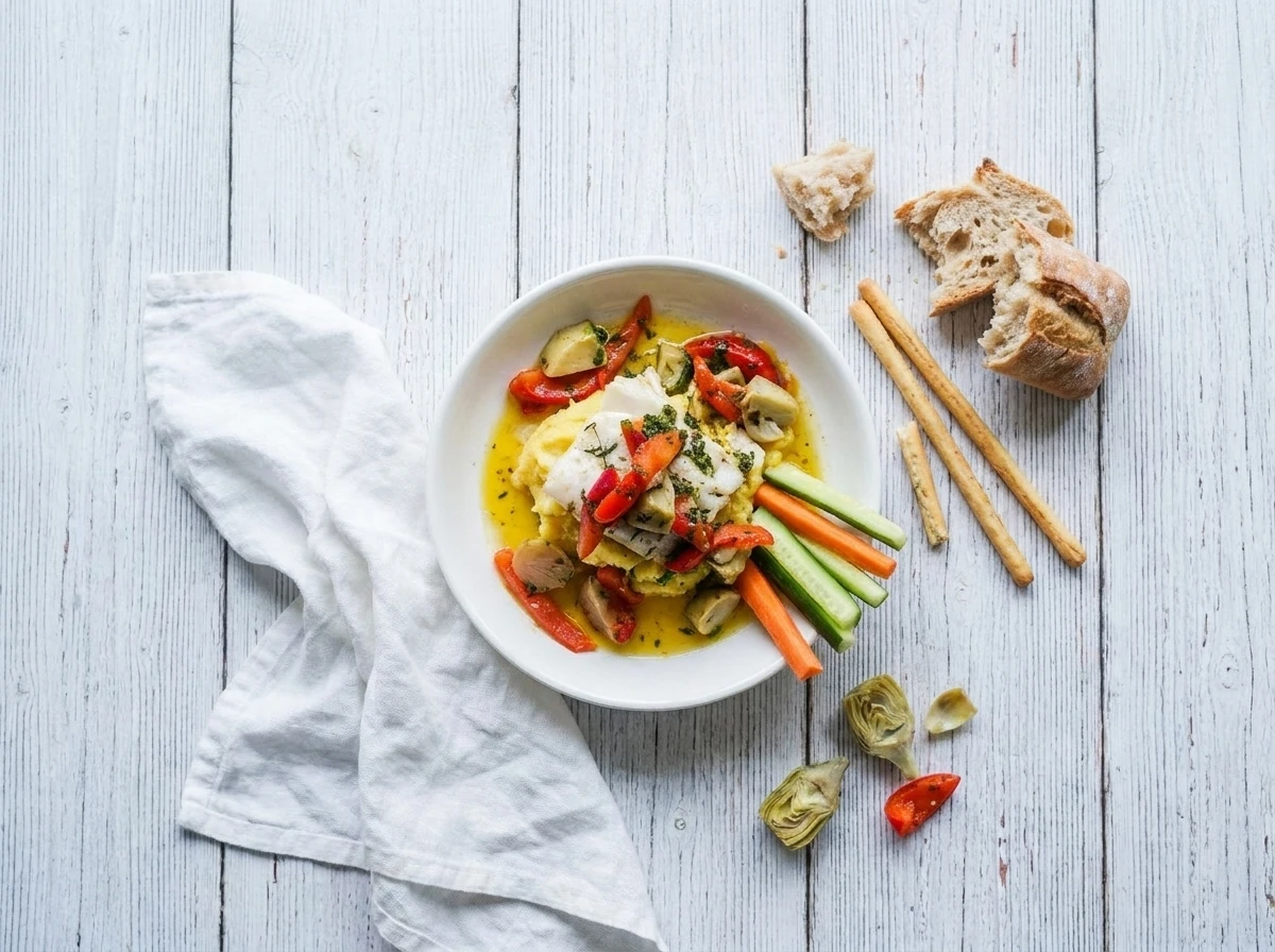 Schelvis met kruidenpuree en lauwe vinaigrette met zure uitjes