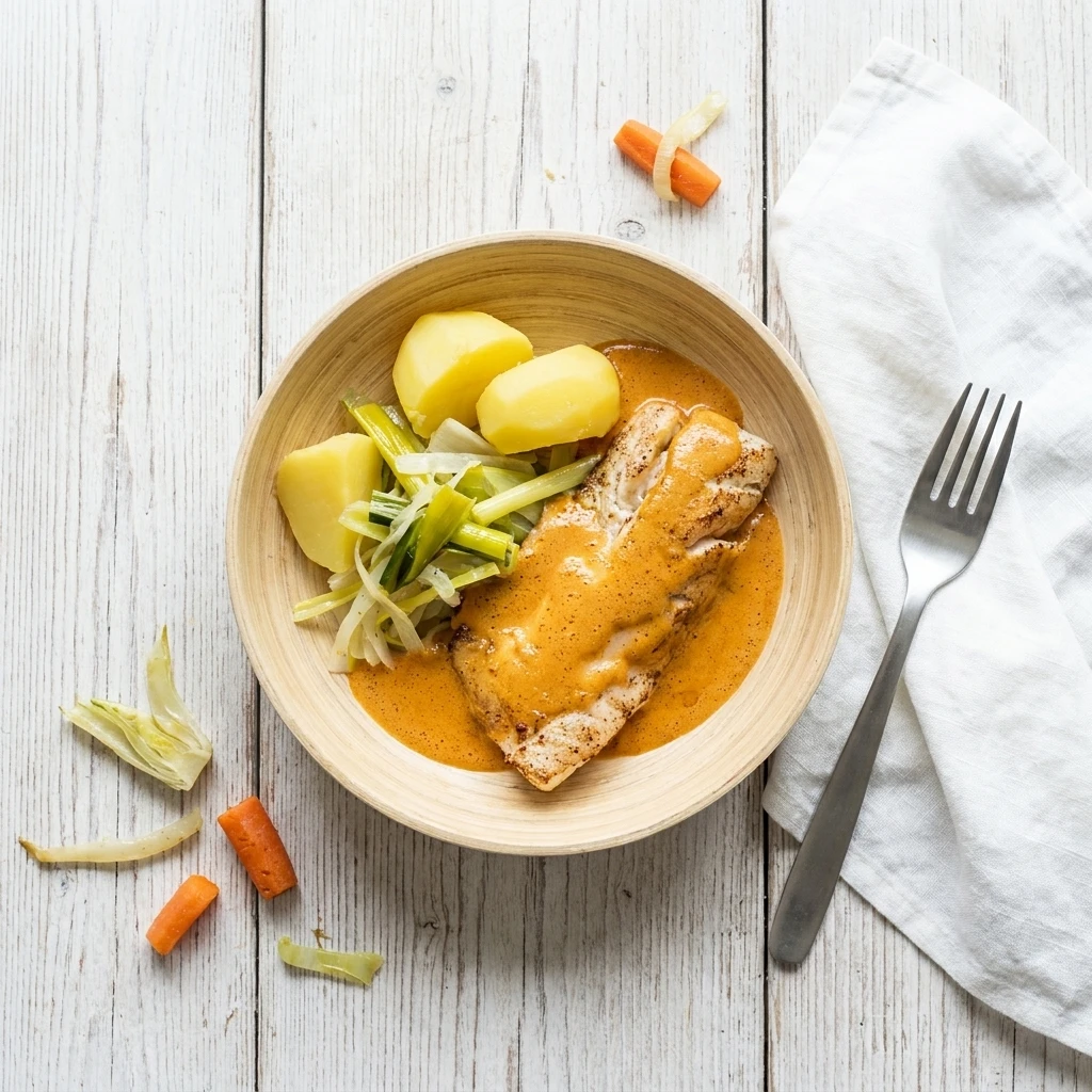 Schelvis met prei, aardappelen en bisque