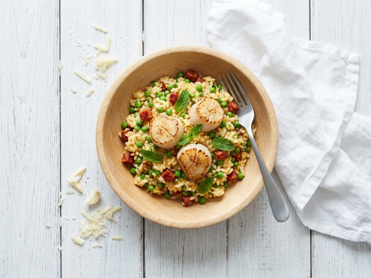 Sint-jakobsnootjes en risotto met erwtjes, chorizo en munt