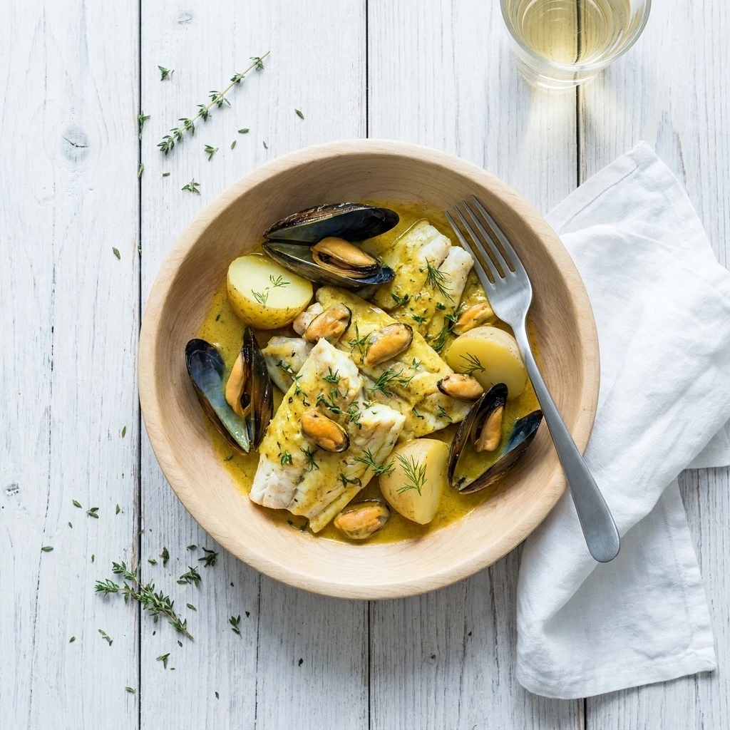 Snoekbaars met mosselen, curry en aardappelen