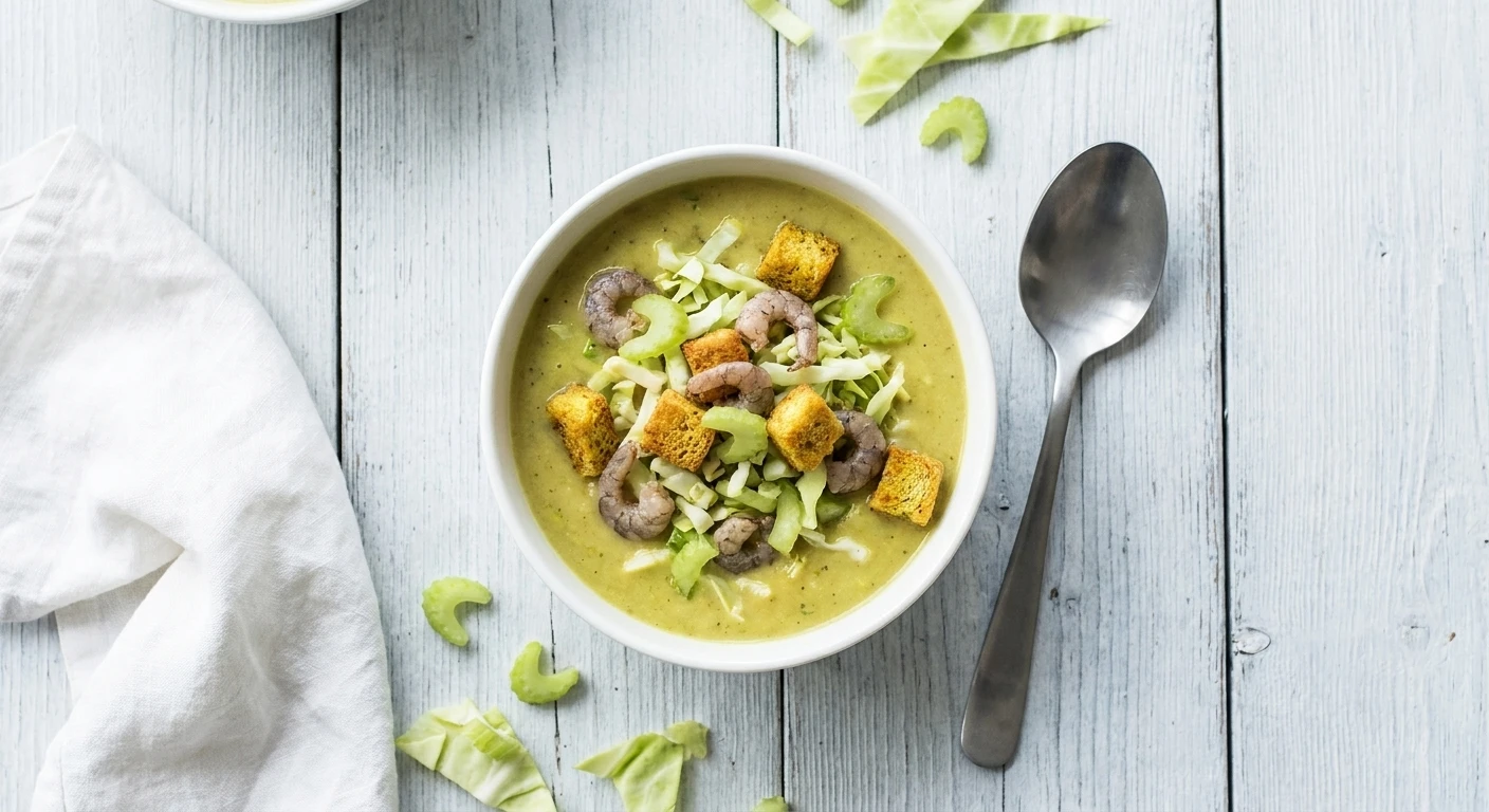 Spitskoolsoep met grijze garnalen en currycroutons