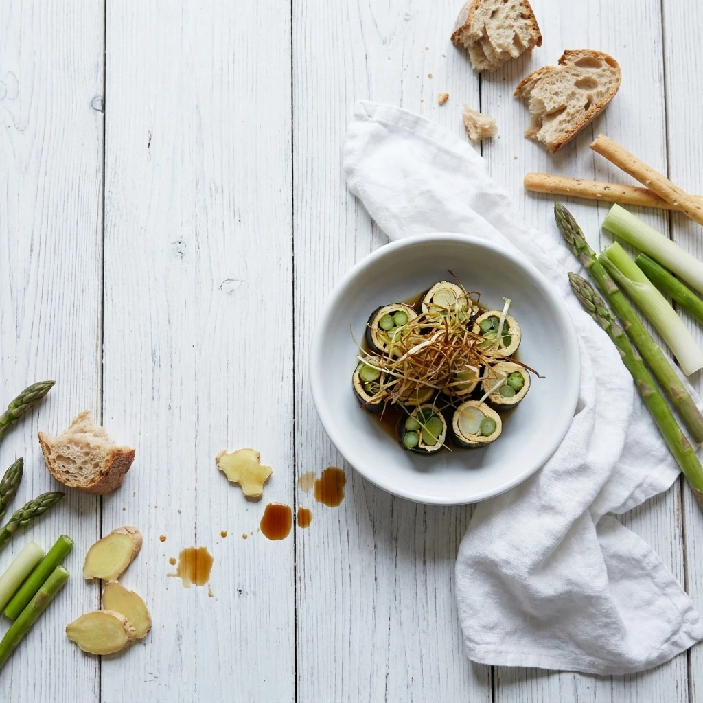 Sushi met omelet, jonge prei en groene asperges met misodressing